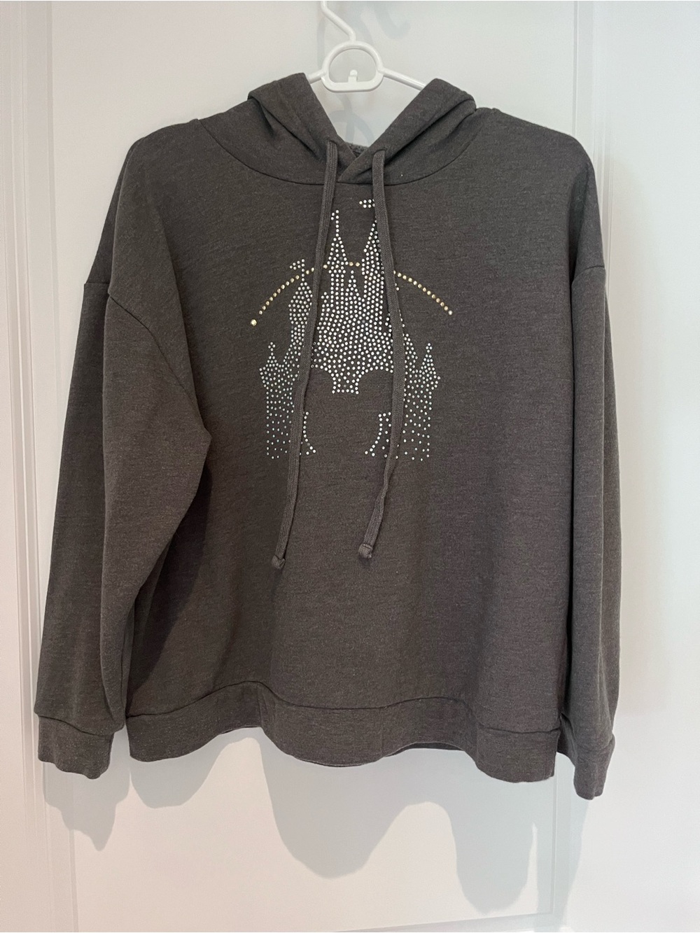 Disney Women's Cropped Coal Gray Hooded Sweatshirt with Studded Castle Graphic